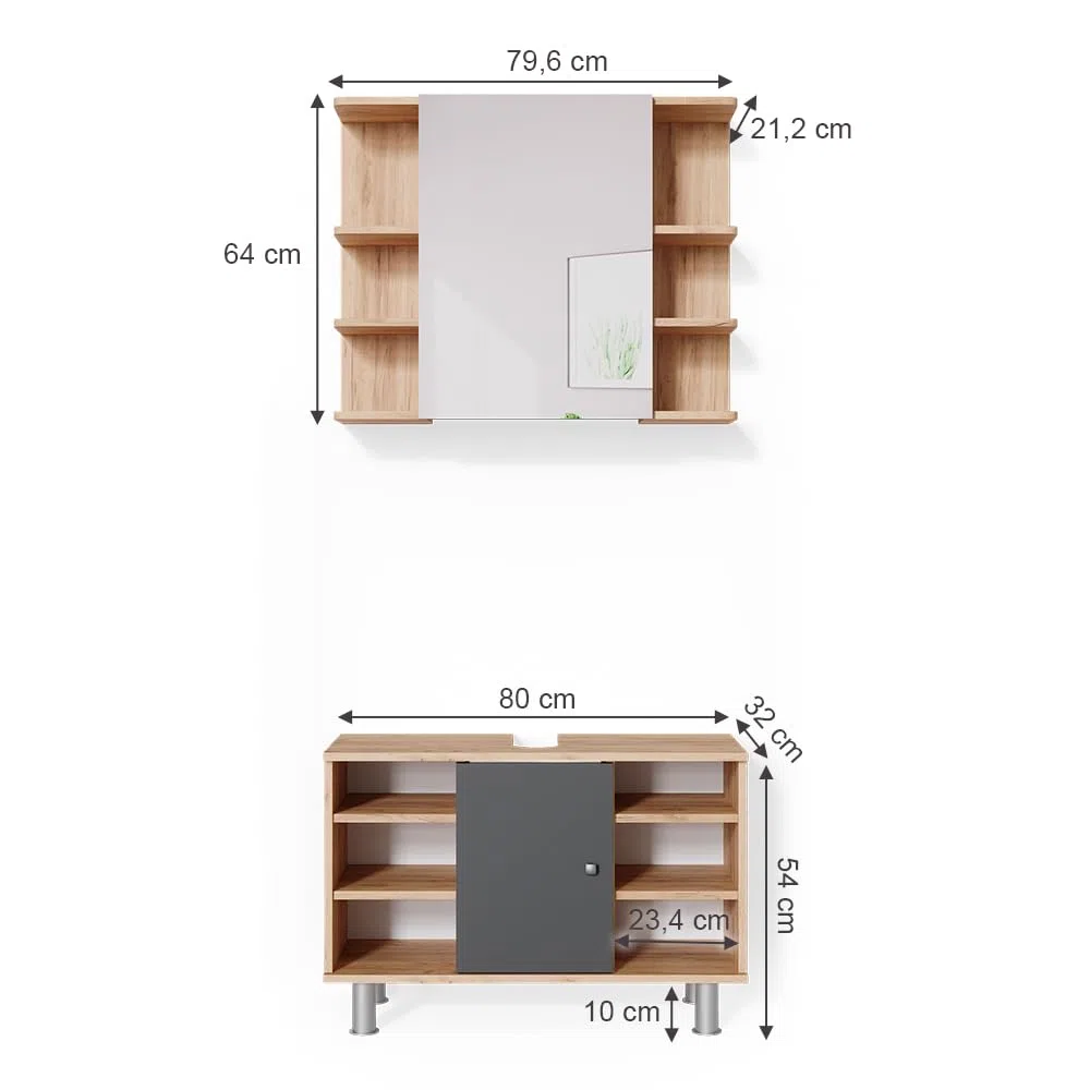 Vicco Set mobili bagno Fynn, Rovere dorato, 60 cm, composto da specchio da bagno e mobile sottolavabo