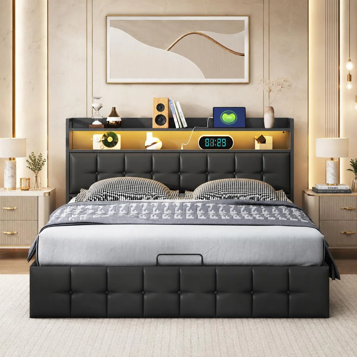 KeepGoon letto matrimoniale con contenitore 160 x 200 cm, letto imbottito con rete a doghe, testiera a LED con funzione USB, letto funzionale, in pelle nera, barra di pressione dell'aria