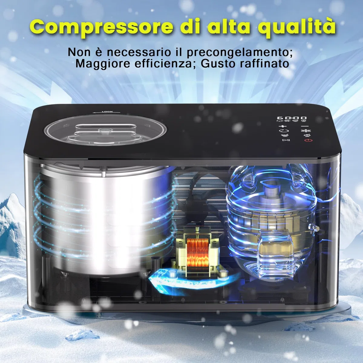 Vpcok Direct Gelatiera 2L con Compressore Macchina per Gelato 150 w Display LED Touch Timer regolabile Gelatiera Autorefrigerante Professionale Cestello Antiaderente per Creme Gelato