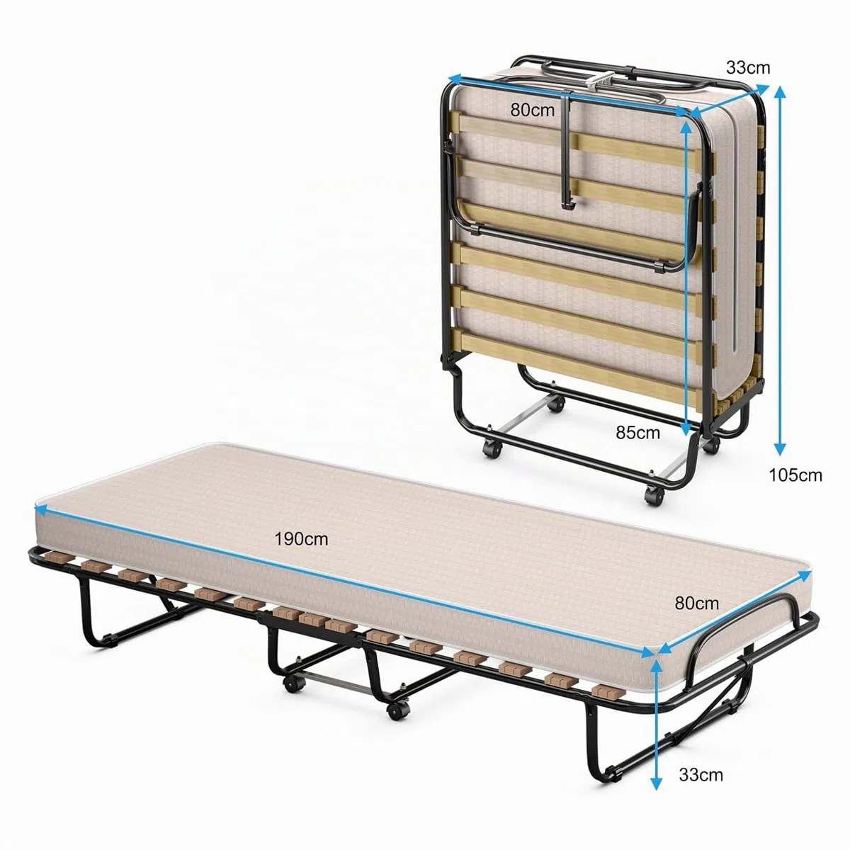 GIANTEX Letto Pieghevole, Singolo con 4 Ruote, 4 Gambe in Mettallo, Fibbia Fissata, 80 x 190 cm, Materasso di 10 cm, Ideale per Viaggio e di Riserva