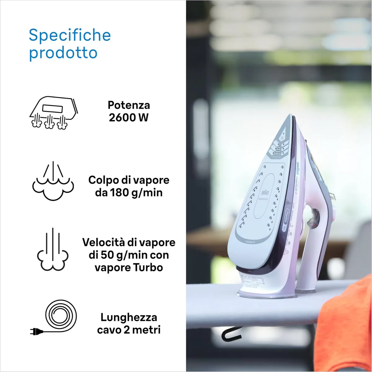 Braun TexStyle 5 SI5037VI, Ferro da Stiro con Piastra FreeGlide 3D SuperCeramic, Punta di Precisione, Manico Aperto Ergonomico, Ricarica 300ml, Efficienza Energetica, Sistema Antigoccia, 2700W, Viola