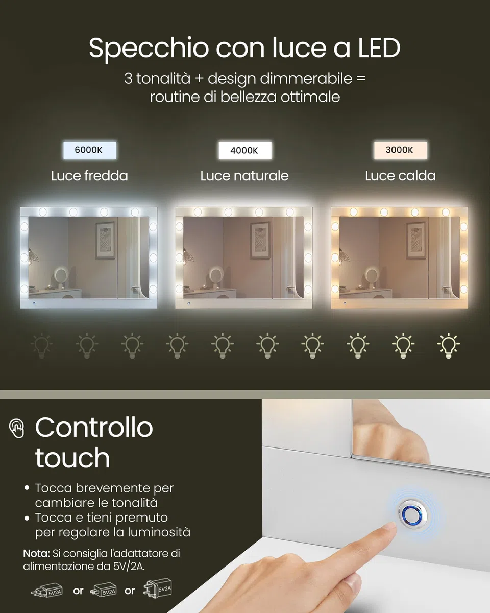 VASAGLE KAILYN Collezione - Toeletta da Trucco con Luce LED e Sgabello, Postazione Trucco con Specchio, Portagioielli, Stazione di Ricarica, 40 x 125 x 140 cm, con Cassetti, Bianco Nuvola RDT127WB01