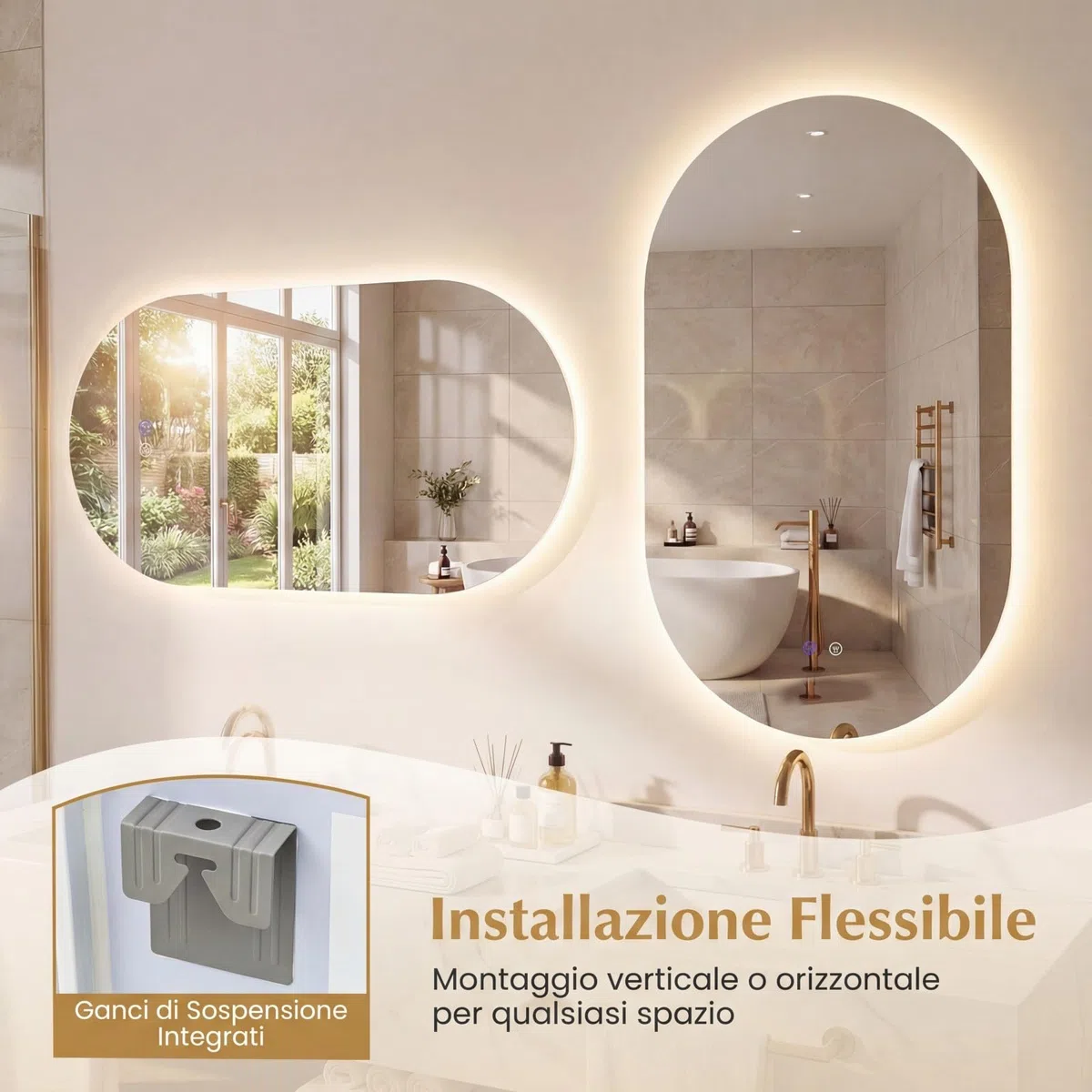 COSTWAY Specchio per Bagno con Luce 90 x 55 cm, Specchio Ovale da Parete Infrangibile con Oulsanti Touch, 3 Colori Dimmerabili, Antiappannamento e Vetro Temperato HD IP44 (90 x 55 cm, Modello 4)