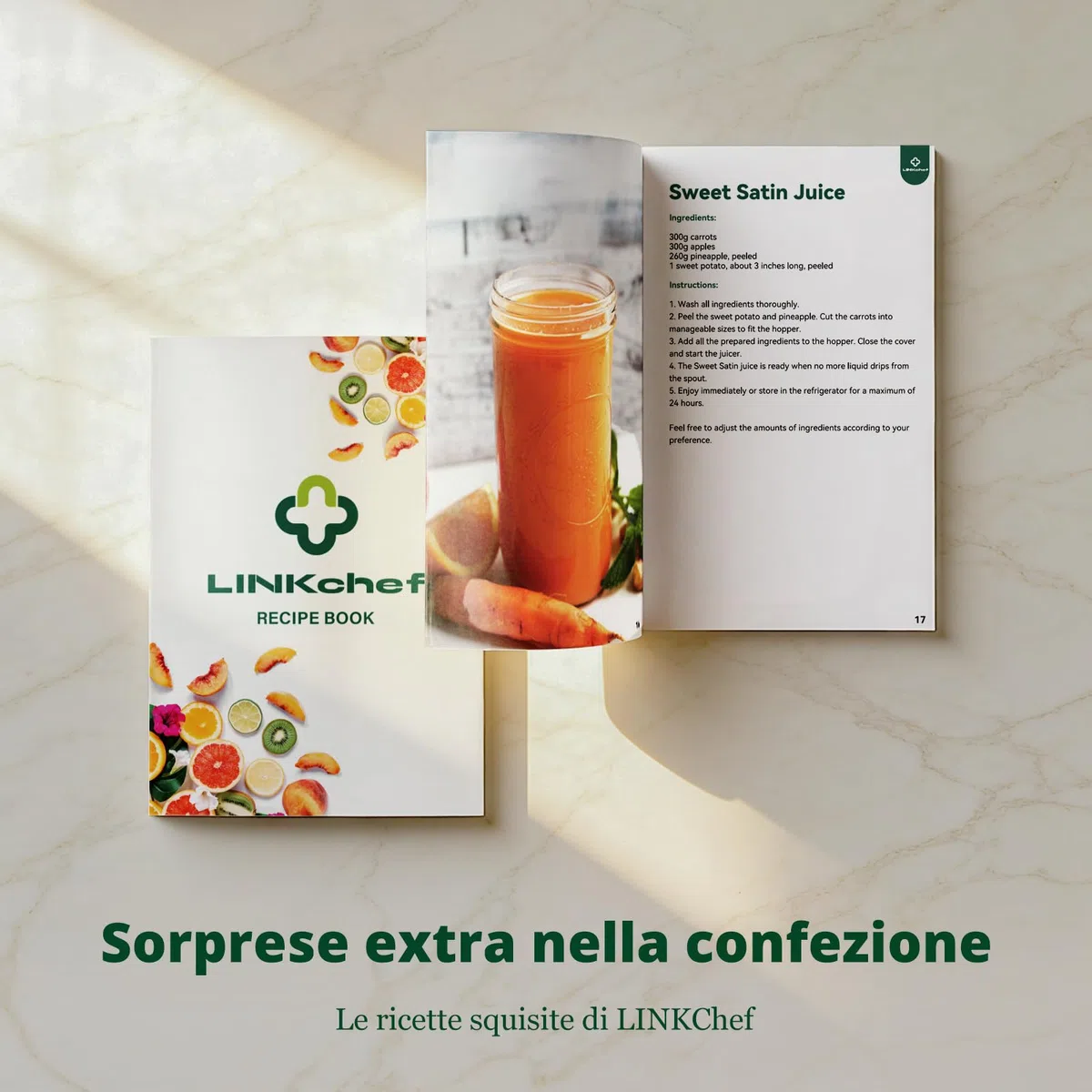 LINKChef Estrattore di succo per frutta e verdura, apertura 115 mm, 1,2 L, 200 W, slow juicer machine per frutta e verdura intere, senza BPA, facile da smontare e pulire, ricette incluse,verde chiaro