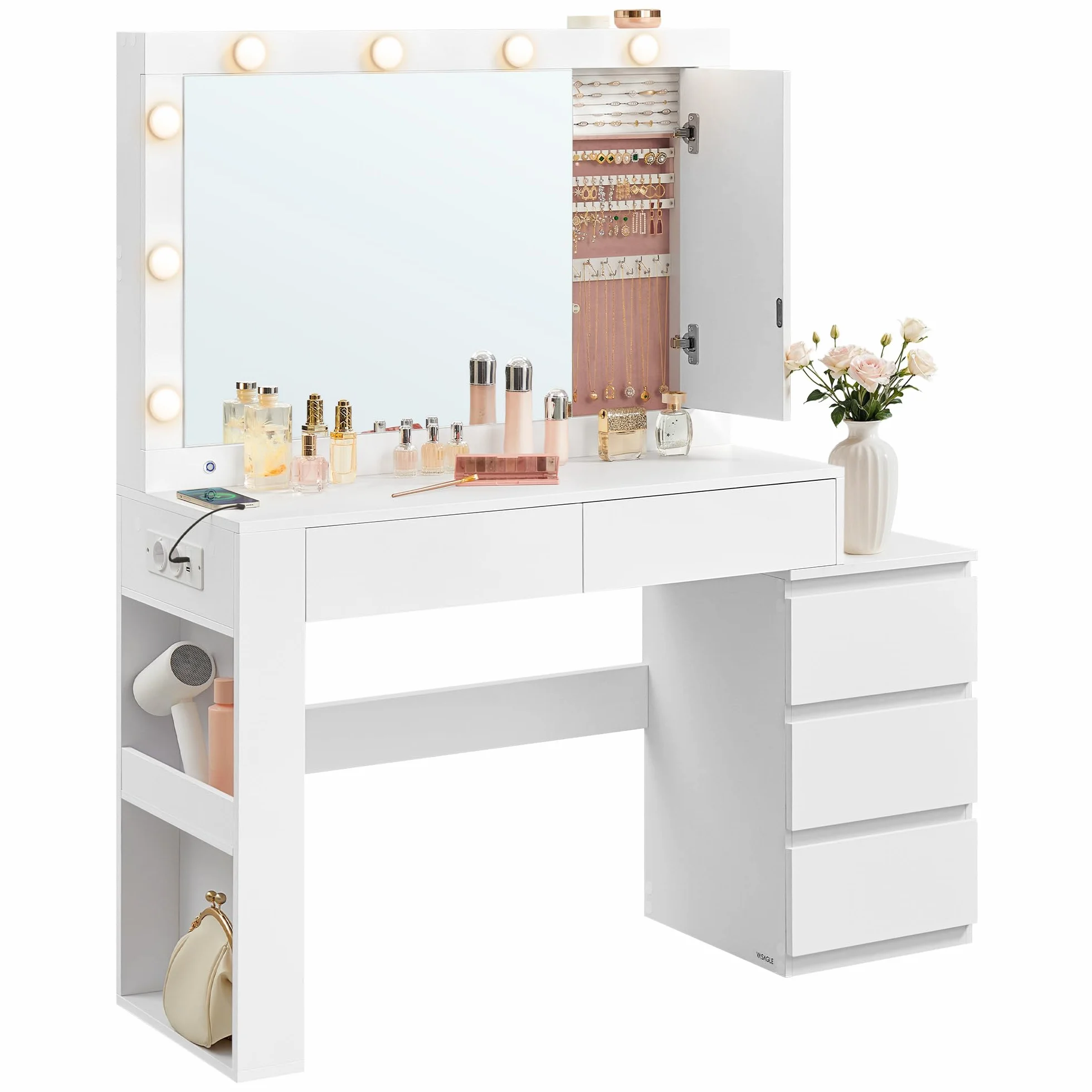 VASAGLE KAILYN Collezione - Toeletta da Trucco con Luce LED e Sgabello, Postazione Trucco con Specchio, Portagioielli, Stazione di Ricarica, 40 x 125 x 140 cm, con Cassetti, Bianco Nuvola RDT127WB01