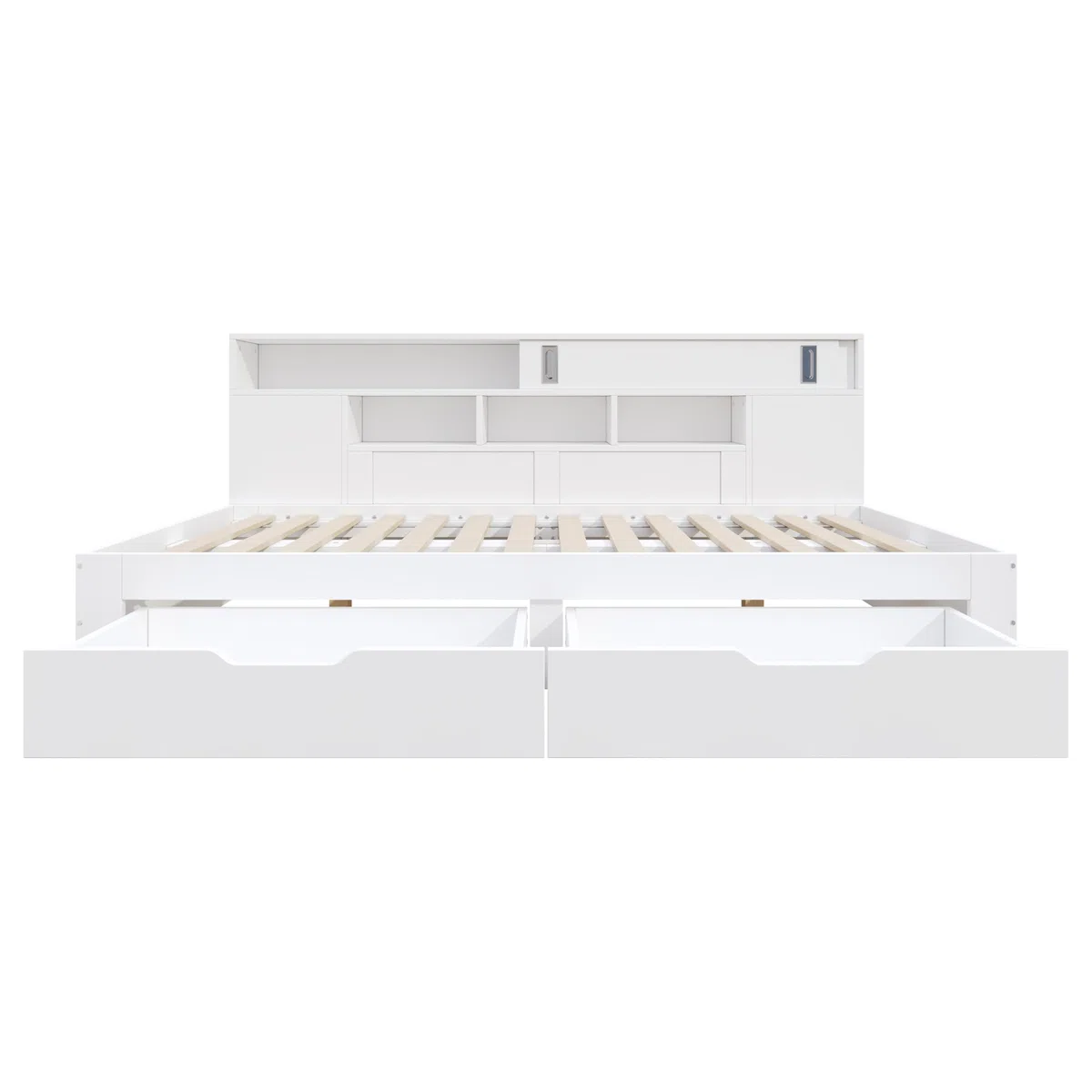 Letto per bambini 90x200, letto singolo con ripiani e armadio contenitore, letto contenitore con cassetti, struttura letto con rete a doghe, per adulti e ragazzi, senza materasso, bianco