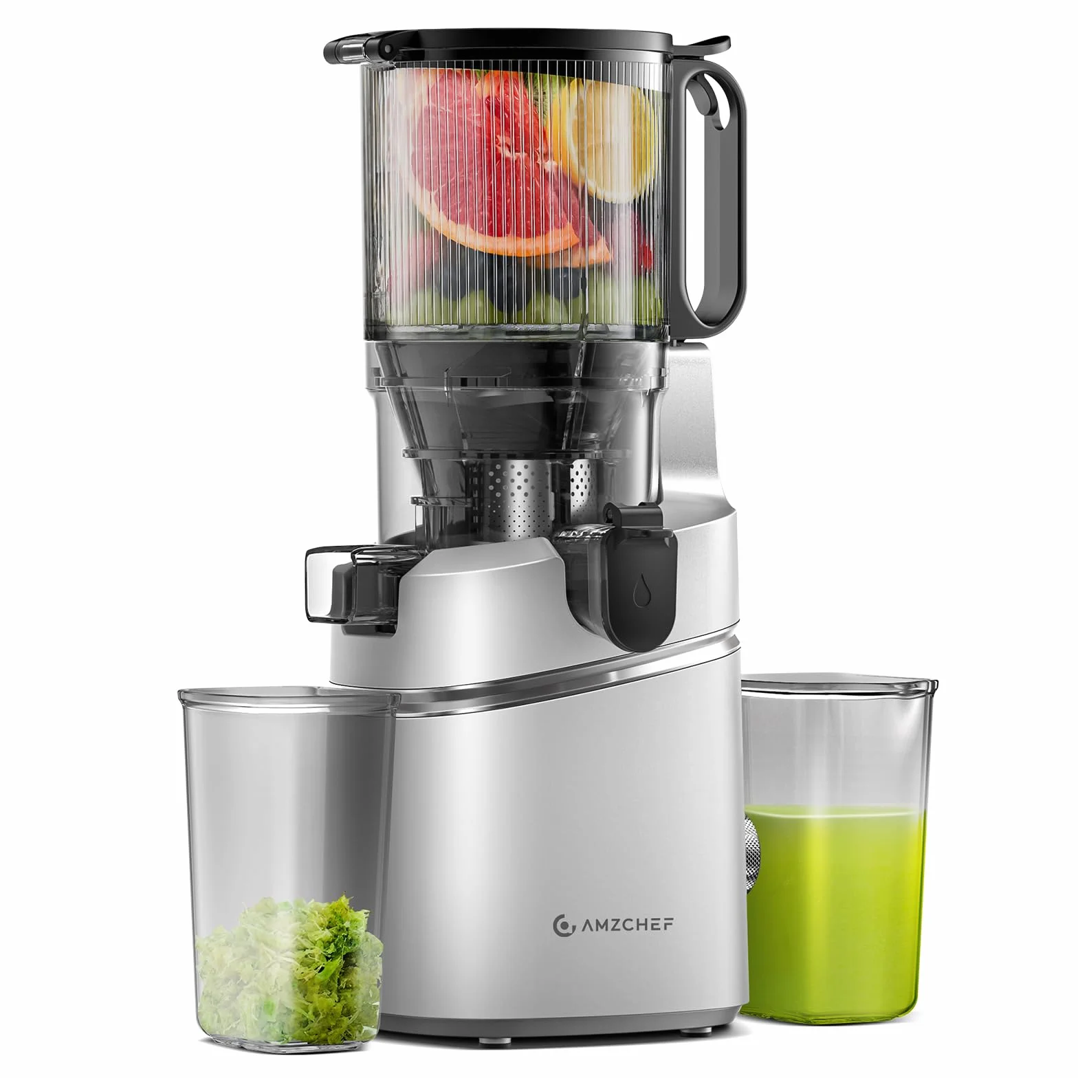 AMZCHEF Estrattore Automatico, Apertura 135MM e Capacità 1,8L Estrattore Frutta e Verdura Intera, 250W Estrattori di Succhi Professionale con Triplo Filtro - Argento