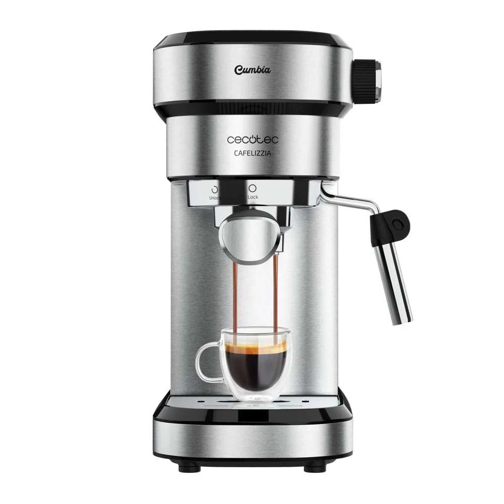 Cecotec Macchina da Caffè Espresso con Doppia Uscita Cafelizzia Steel. 1350 W, Braccio Portafiltro con Due Filtri, Vaporizzatore Orientabile, 20 Bar di Pressione, Serbatoio Estraibile da 1.2L, Acciaio