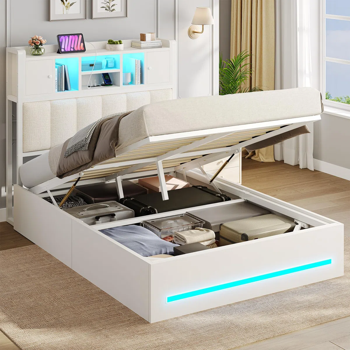 AOGLLATI Letto Contenitore 90x200 cm con Sollevamento Idraulico, Letto Singolo con Luci LED e Porta USB, Sommier a Doghe in Legno, Testiera Imbottita Nero con 7 Vani Portaoggetti, Bianco