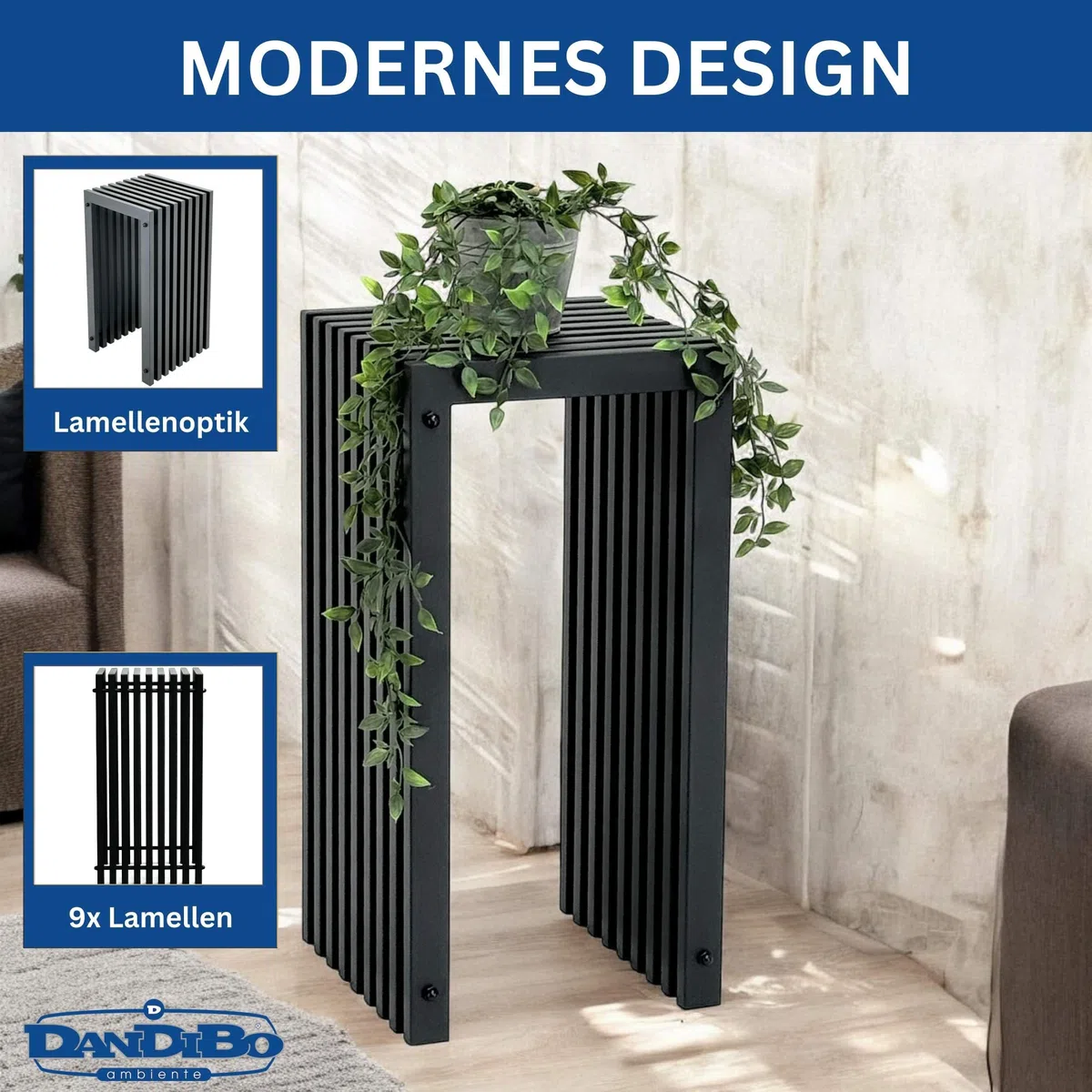 DanDiBo Sgabello a doghe in metallo, nero, base rettangolare, 65 cm, massiccio, moderno, con doghe (altezza 65 cm/L)