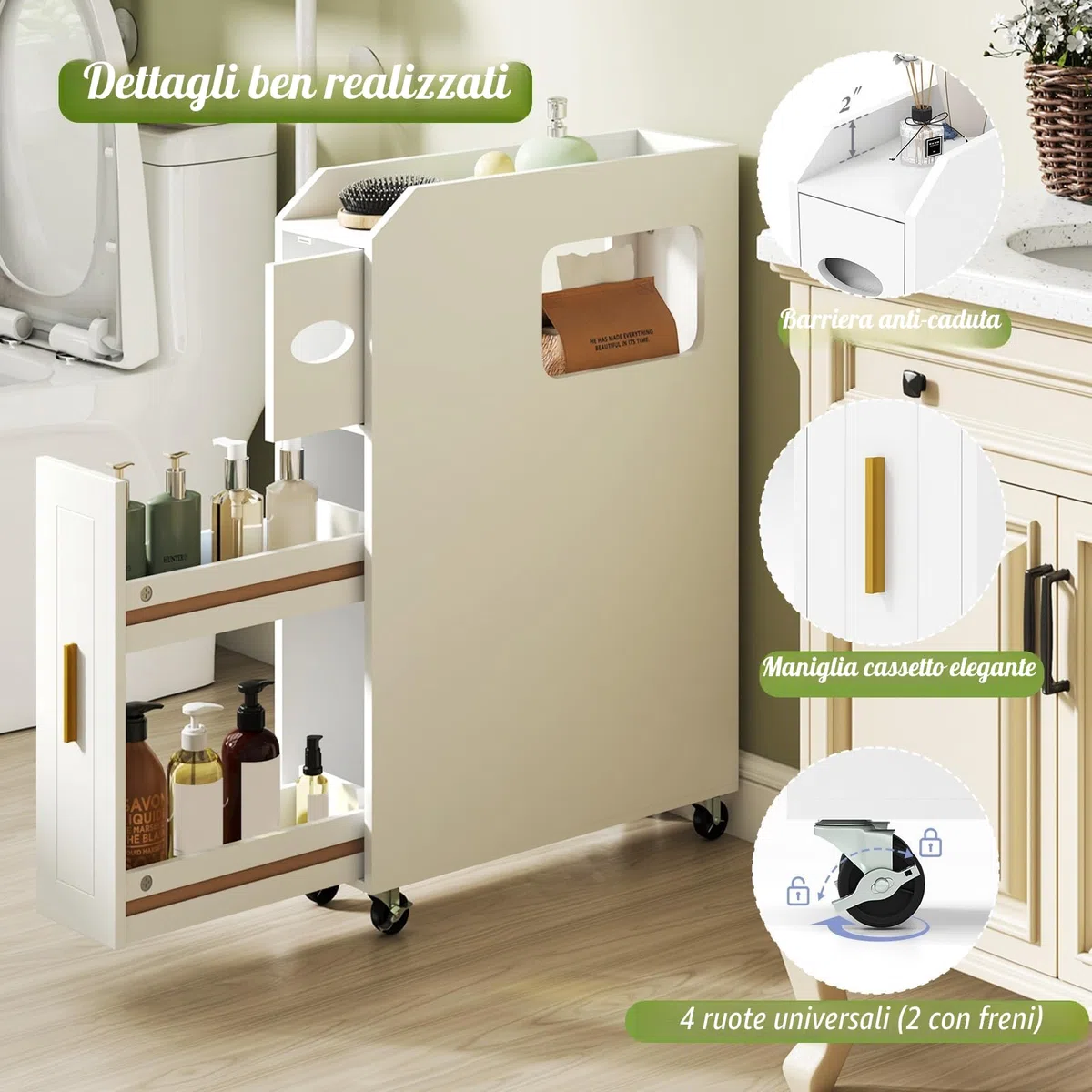 LIFEZEAL Armadietto da bagno, carrello portaoggetti arrotolabile, porta carta, porta spazzola e cassetto, piccolo organizzatore salvaspazio