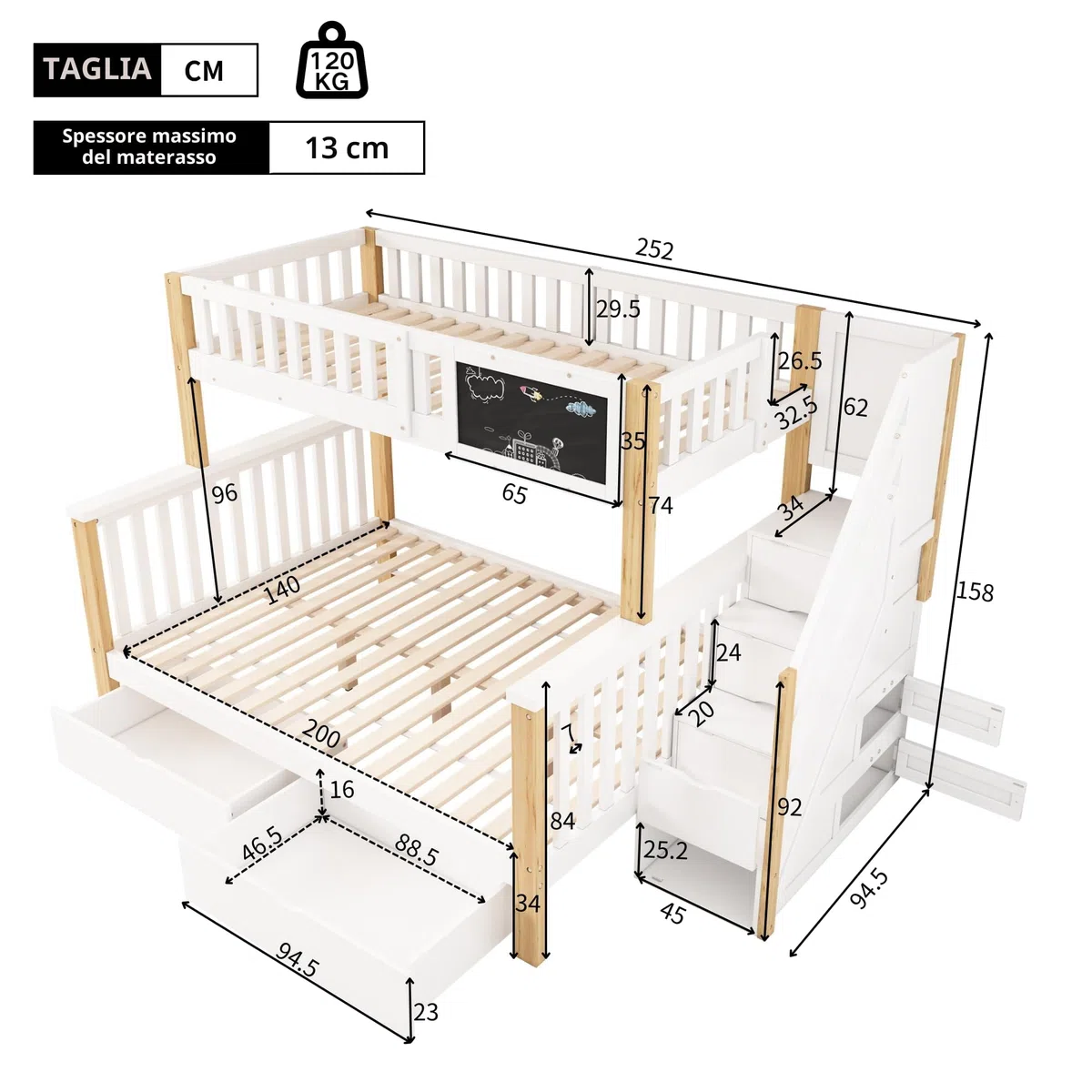 Moimhear Letto a castello per bambini, letto matrimoniale, 90 x 200 cm+140 x 200 cm, letto infantile multifunzionale, con lavagna e cassetti, senza materasso (colore bianco e legno)