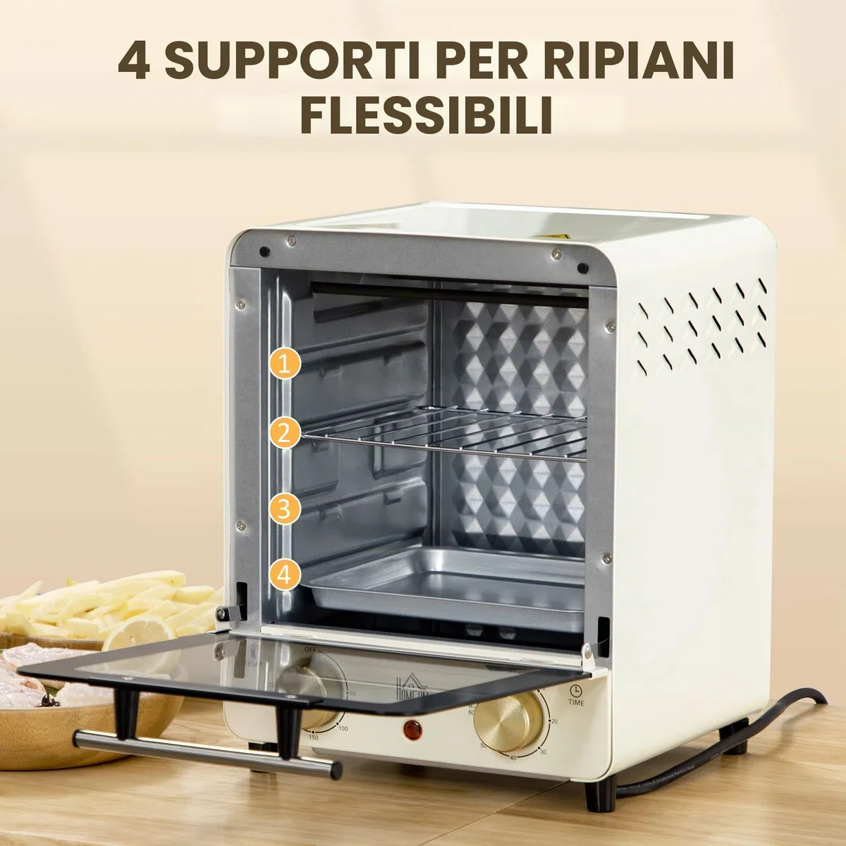HOMCOM Mini forno 15L, forno per pizza a convezione, 1000 W Mini forno elettrico con set di teglie, vassoio per le briciole, timer di 1 ora, 60-230℃, bianco crema