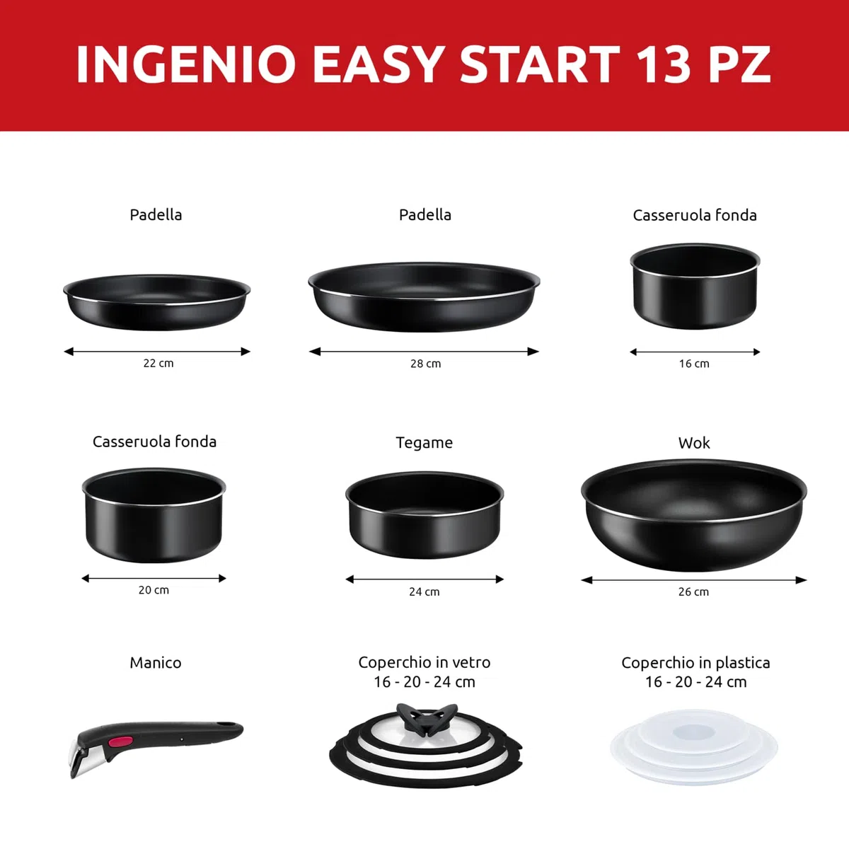 Lagostina Ingenio Easy Start Set 13 Pezzi, Set di Pentole in Alluminio per Gas e Forno, 2 Casseruole, 2 Padelle, un Tegame, un Wok, 3 Coperchi Vetro, 3 Coperchi Plastica, un Manico Removibile