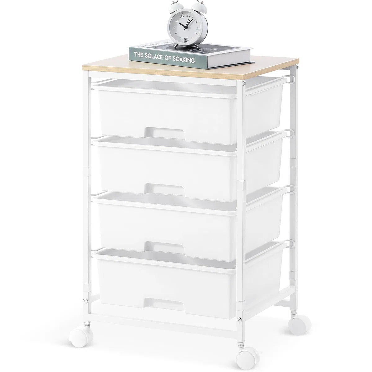 SYKIARIOL Carrello portaoggetti a 4 cassetti su ruote con piano tavolo in legno, per cucina, soggiorno, camera da letto, movimento semplice, grande capacità, 4 cassetti, bianco