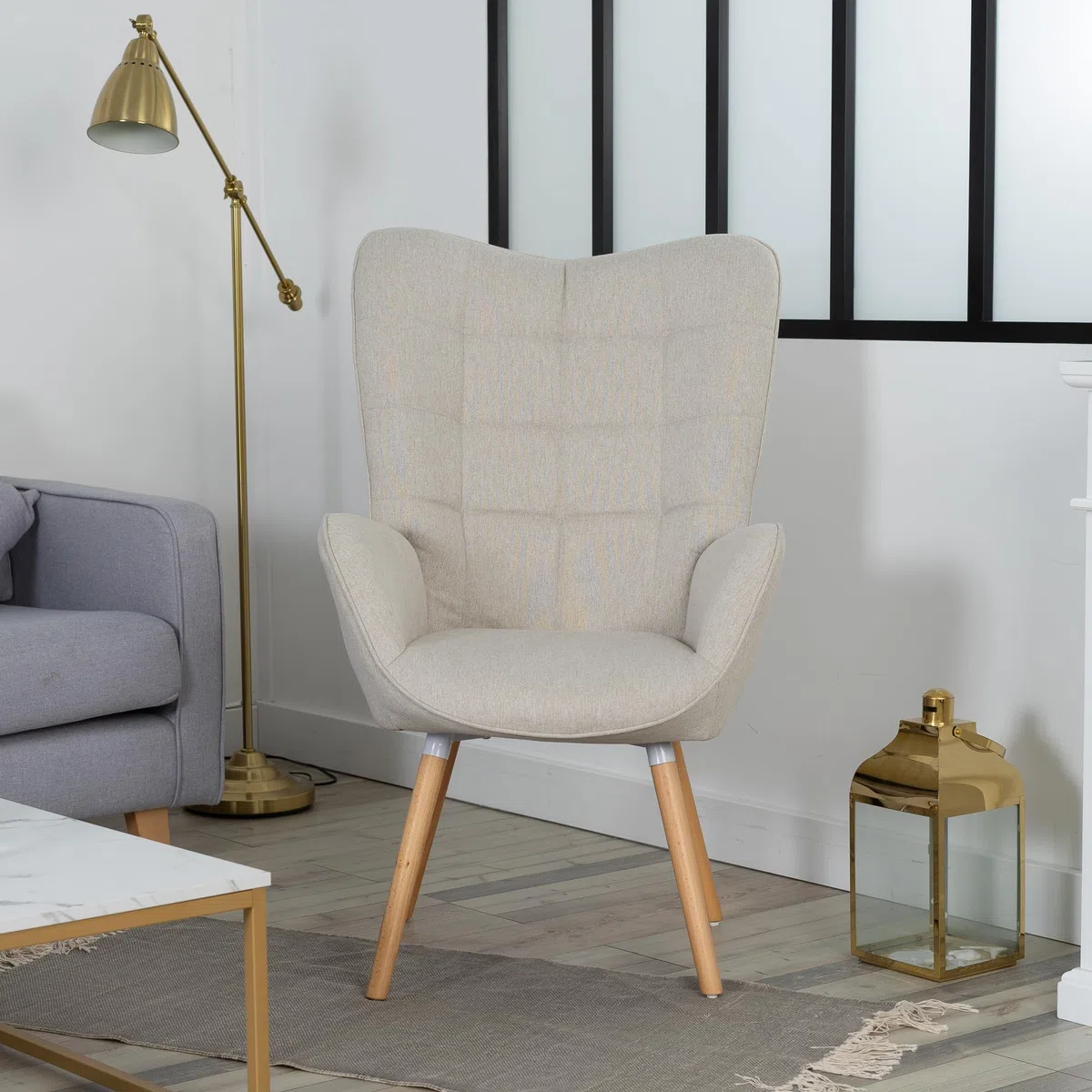 MEUBLE COSY Poltrona Imbottita Scandinavia Sedia da Salotto con Braccioli Poltroncina Relax in Tessuto con Schienale Alto Gambe in Legno per Camera da Letto Soggiorno, Beige, 66x64x106cm