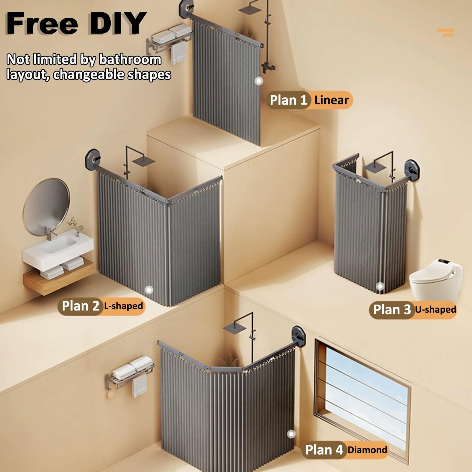 Tenda Doccia Angolare Antimuffa Tessuto in Lino - Tenda da Doccia Pieghevole con Asta Tenda Telescopica Doccia, Tende per Doccia Shower Curtain, Fissaggio a Ventosa
