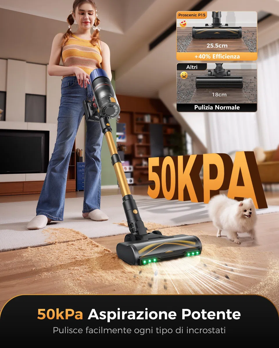 Proscenic P15+ Aspirapolvere Senza Fili, 580W/70 Min/55Kpa Scopa Elettrica Senza Fili Potente, Asta Telescopica Regolabile e Design Autoportante, Tecnologia GreenEye, per Pavimenti/Tappeti