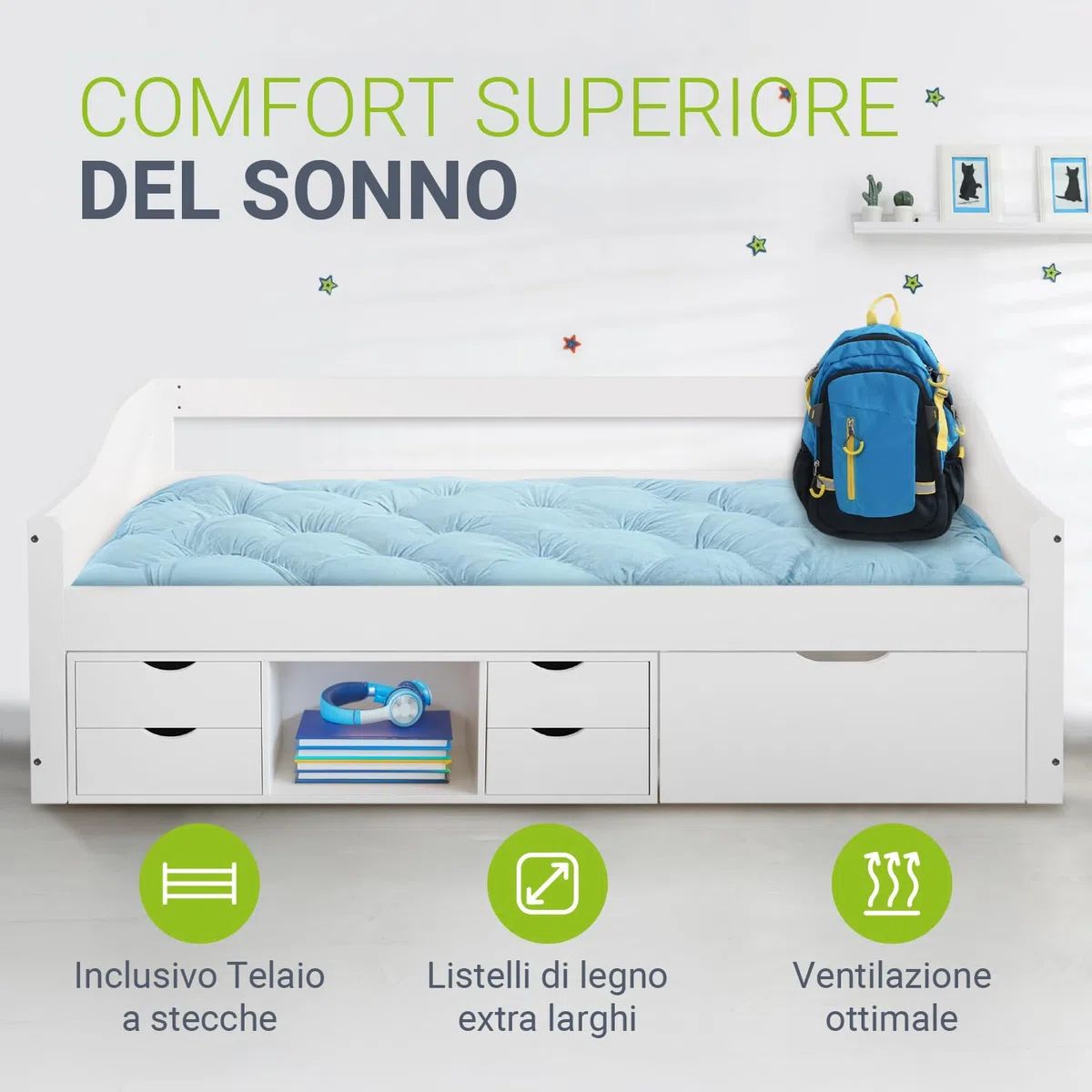 Juskys Letto per bambini 90x200 con cassetti e rete a doghe – letto in legno massiccio di pino con contenitore – letto singolo per bambina e bambino – bianco
