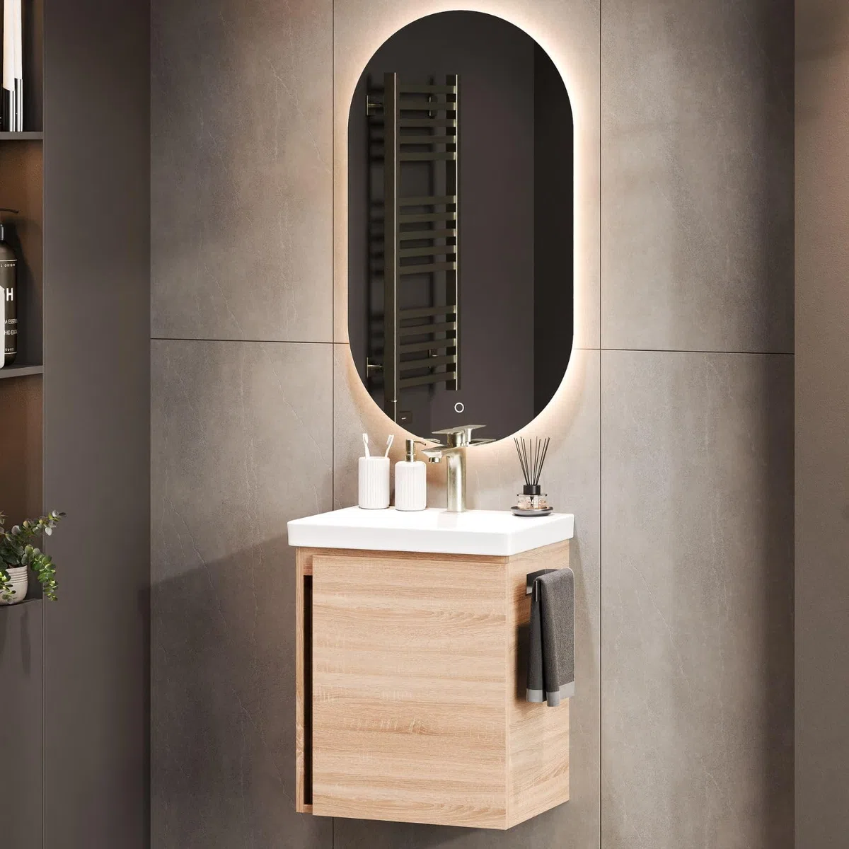 Planetmöbel Mobile sottolavabo 50 cm con specchio da bagno con illuminazione ovale, set di mobili da bagno con lavabo, sospeso, rovere Sonoma