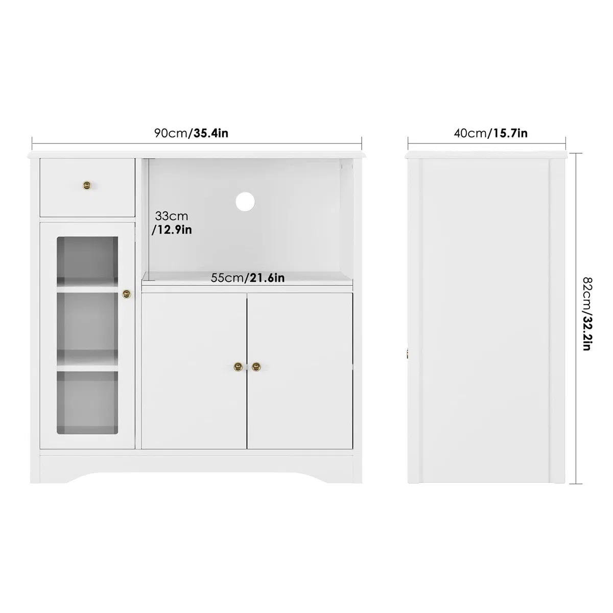 HOCSOK Credenza Microonde Cucina, Credenza Soggiorno Moderno, Armadietto da Terra con 3 Ante, adatto per Cucina, Soggiorno, Bianco, 90x40x82cm