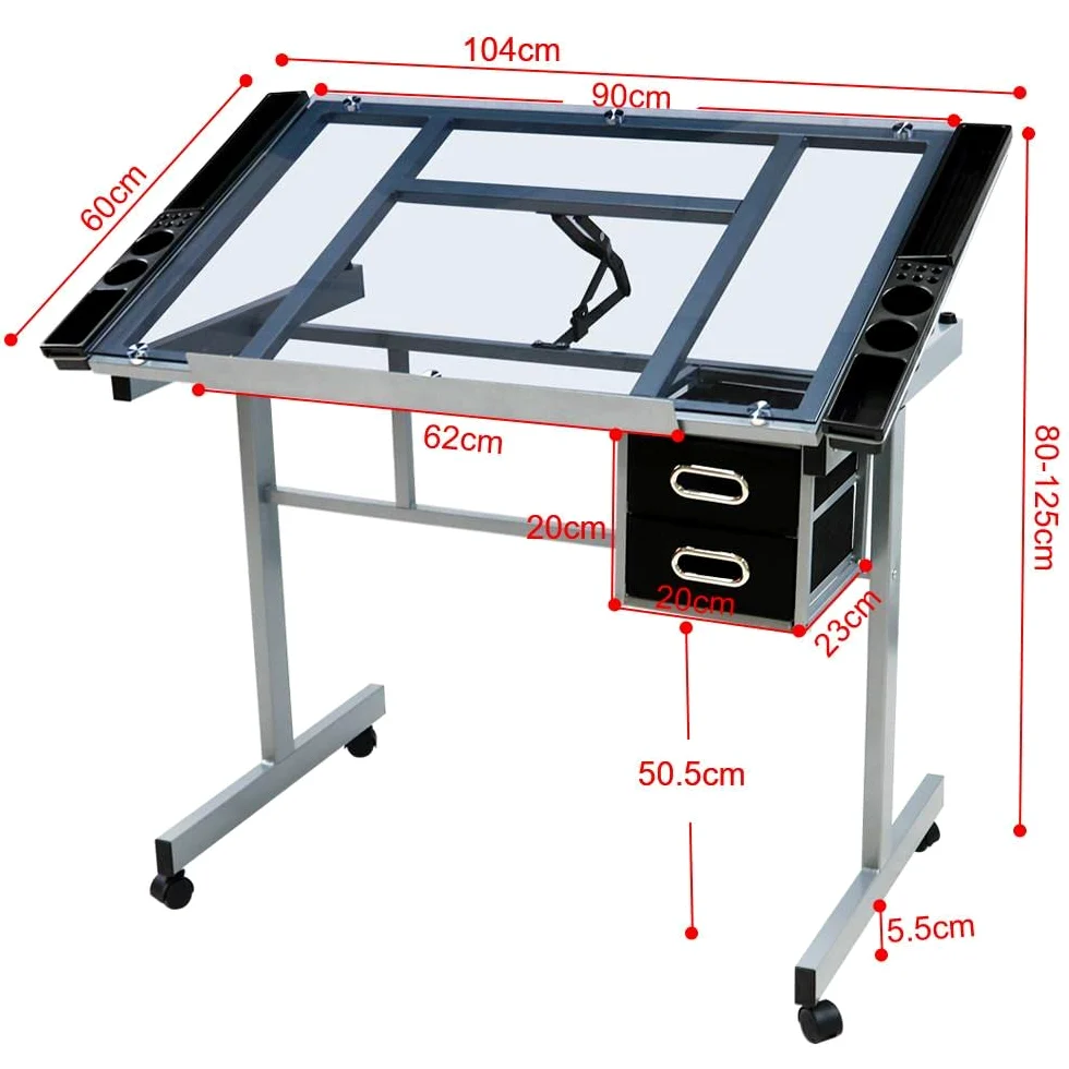 Yaheetech Tavolo da Disegno Inclinabile Scrivania con Piano in Vetro Regolabile Struttura in Acciaio Mobile Studio con Cassetti a Doppio Uso per Arte Pittura Design Lavoro Altezza Regolabile