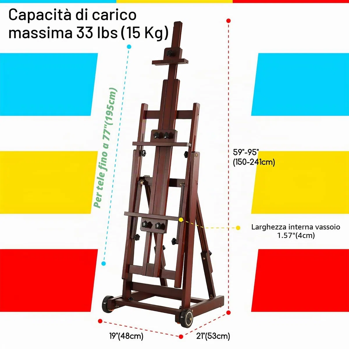 MEEDEN Cavalletto da studio multifunzione, telaio ad H, per adulti, artisti, pavimento, legno di faggio massiccio, ruote anteriori, può