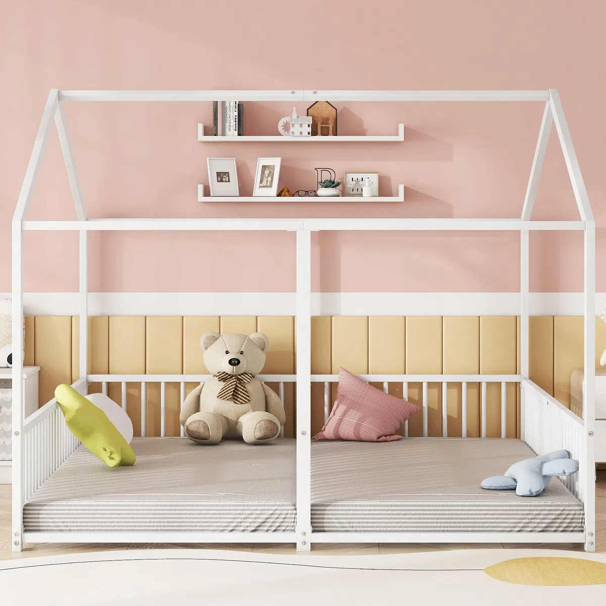 Letto per bambini 90 x 200 cm Due letti da 90 cm con protezione anticaduta, Letto a casa Letto a pavimento Letto gemellare con design a forma di casa, Letto per bambini Telaio in ferro