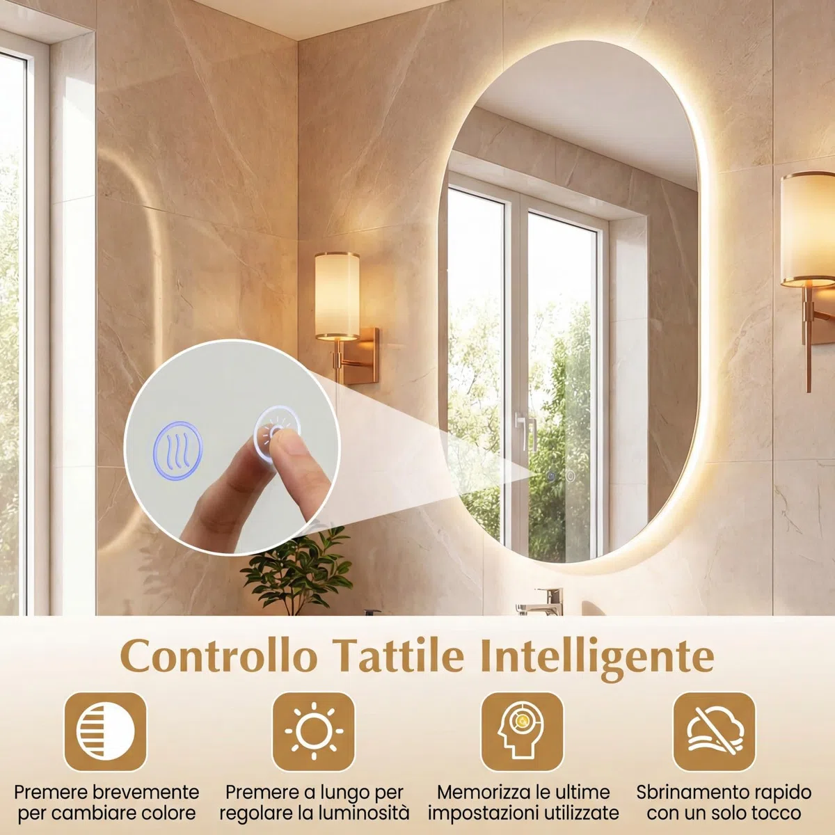 COSTWAY Specchio per Bagno con Luce 90 x 55 cm, Specchio Ovale da Parete Infrangibile con Oulsanti Touch, 3 Colori Dimmerabili, Antiappannamento e Vetro Temperato HD IP44 (90 x 55 cm, Modello 4)