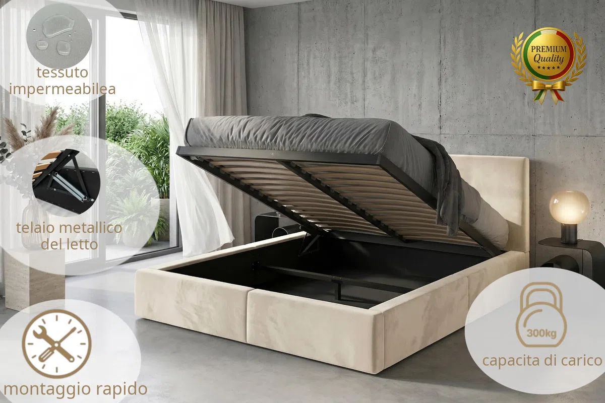 Letto imbottito 160 Hilton struttura del letto con rete a doghe in metallo con contenitore letto matrimoniale giroletto imbottito con cassettone letto per camera da letto (cashmere, 160x200)
