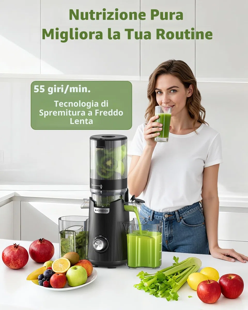 ACOQOOS Estrattore Frutta e Verdura, 132 mm Bocca Extra-Larga, Capacità 1,8 L, Motore da 280 W, BPA Free, Facile da Smontare e Pulire, Nero
