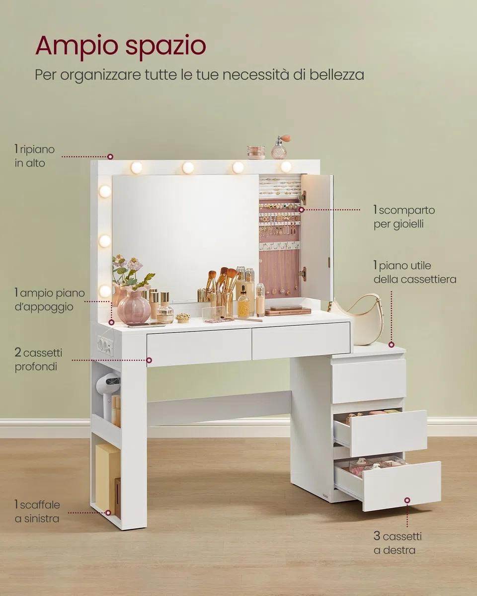VASAGLE KAILYN Collezione - Toeletta da Trucco con Luce LED e Sgabello, Postazione Trucco con Specchio, Portagioielli, Stazione di Ricarica, 40 x 125 x 140 cm, con Cassetti, Bianco Nuvola RDT127WB01