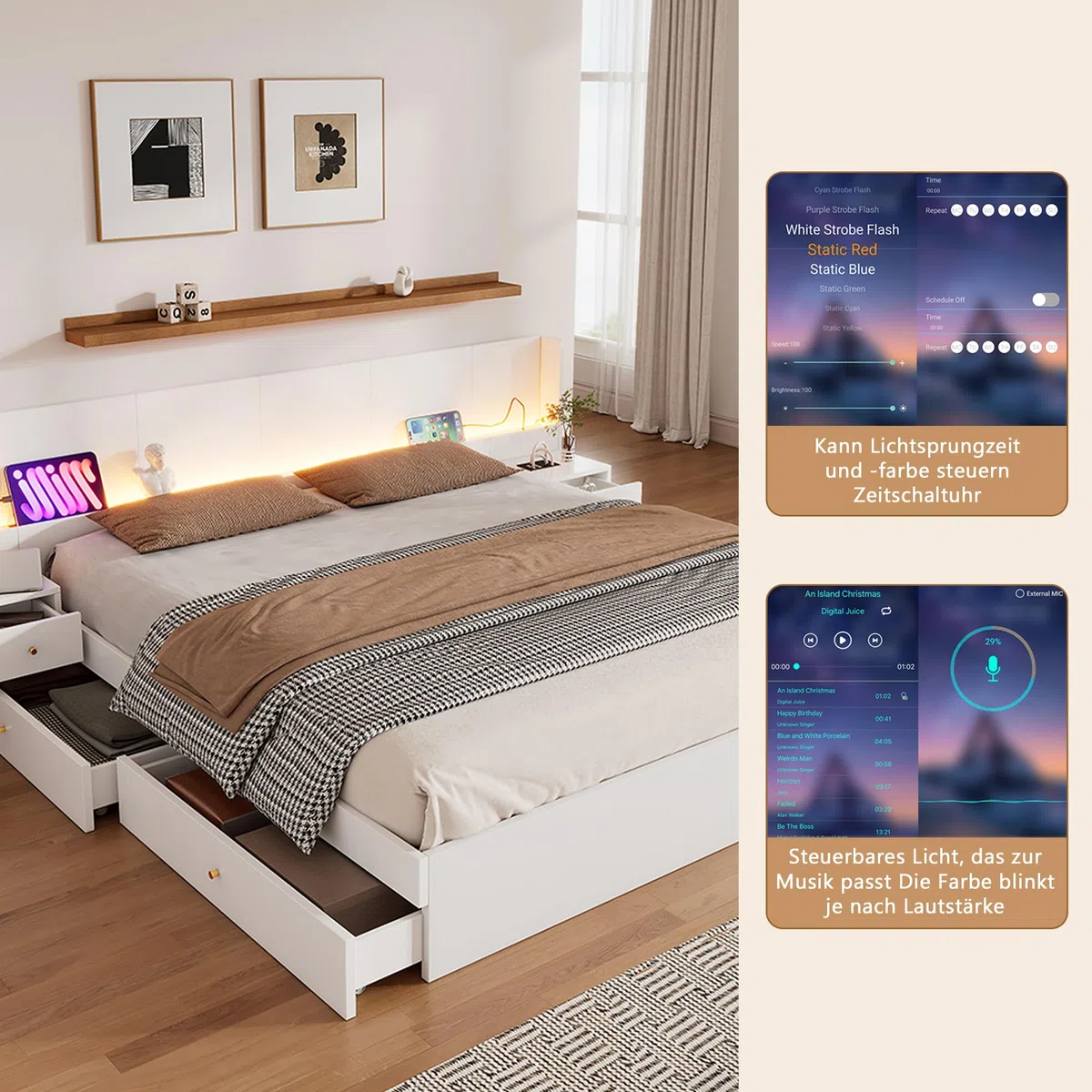Letto 180x200 con contenitore, letto in legno con contenitore con 2 cassetti, testiera con comodino, LE/D e US/B, letto matrimoniale moderno con rete a doghe, bianco