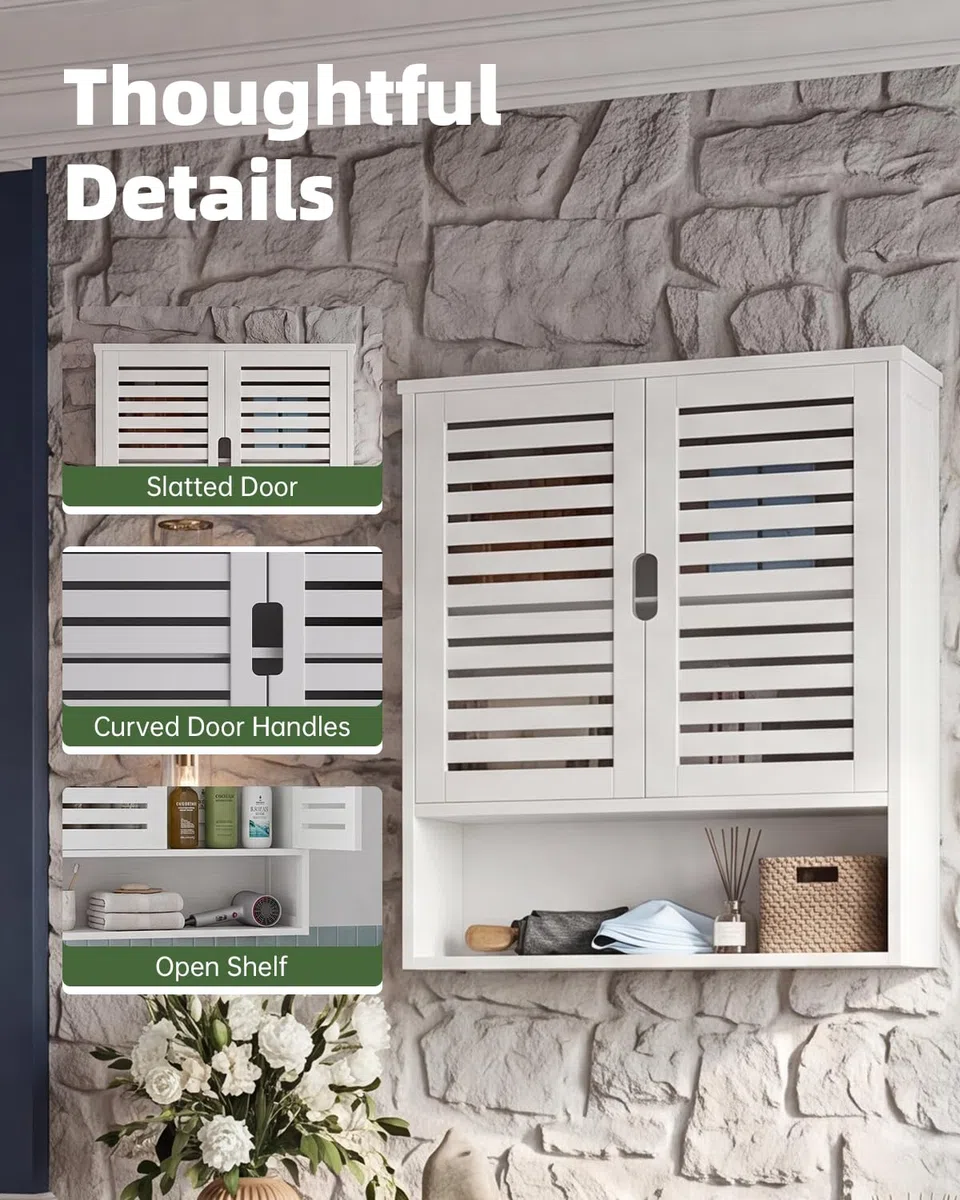 SMIBUY Armadietto da bagno montato a parete, organizzatore di stoccaggio sopra il water in bambù, armadietto medico salvaspazio con 2 porte e ripiani regolabili (Bianco)