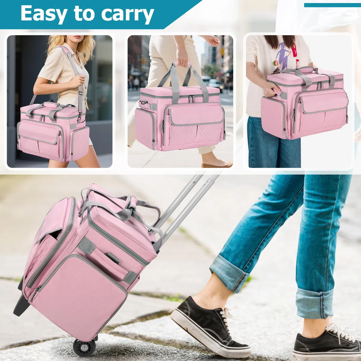 Luxja Custodia per Macchina da Cucire con Ruote e Tasche Multiple, Borsa per Macchina da Cucire con Tracolla Staccabile (Compatibile con Maggior Parte Delle Macchine da Cucire Standard), Rosa