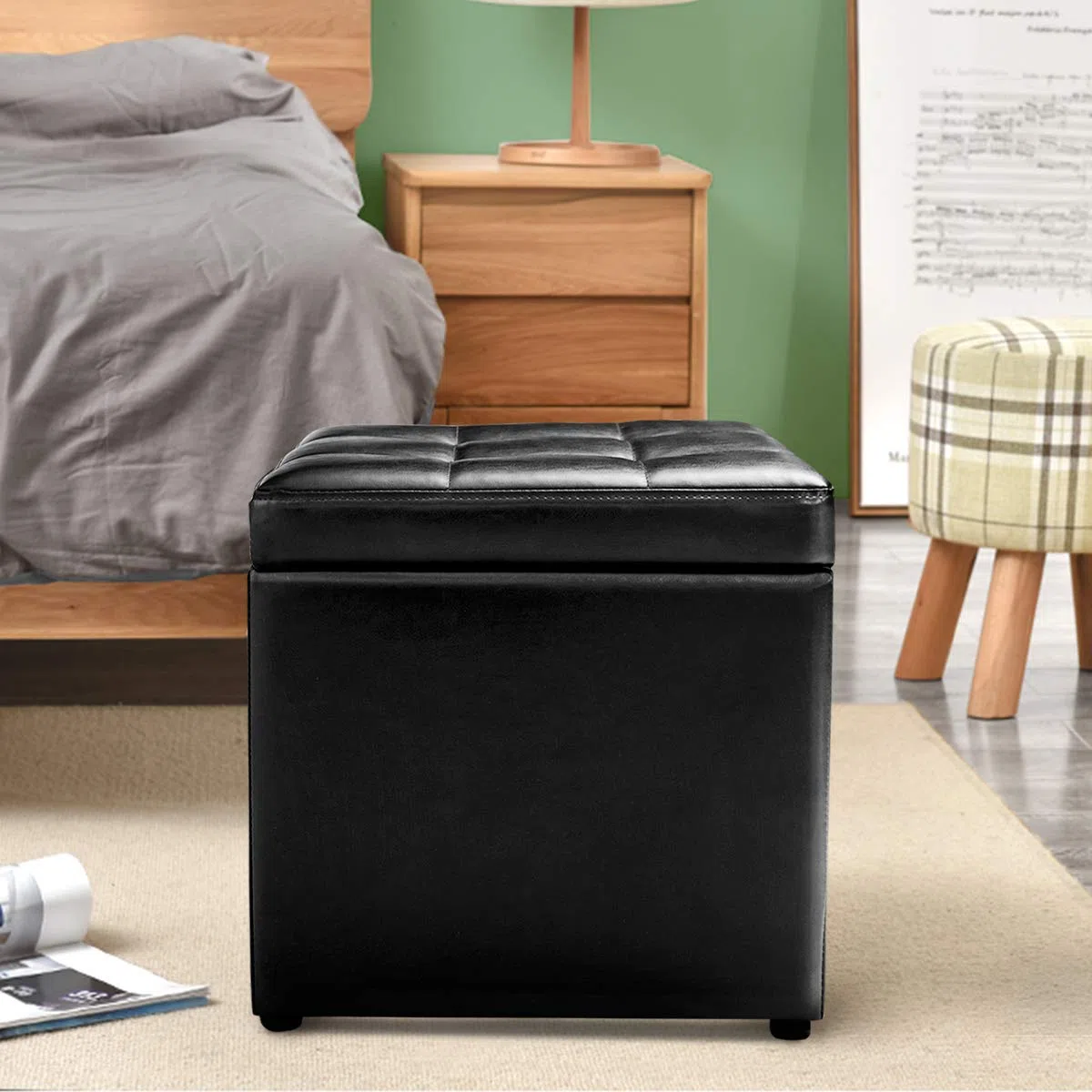 GIANTEX Pouf Cubo Poggiapiedi, Sgabello Quadrato Contenitore, Ottomana con Coperchio, con Vano Portaoggetti, Piedini Antiscivolo, Portata di 300 kg, 40 x 40 x 40 cm, Nero/Marrone/Bianco