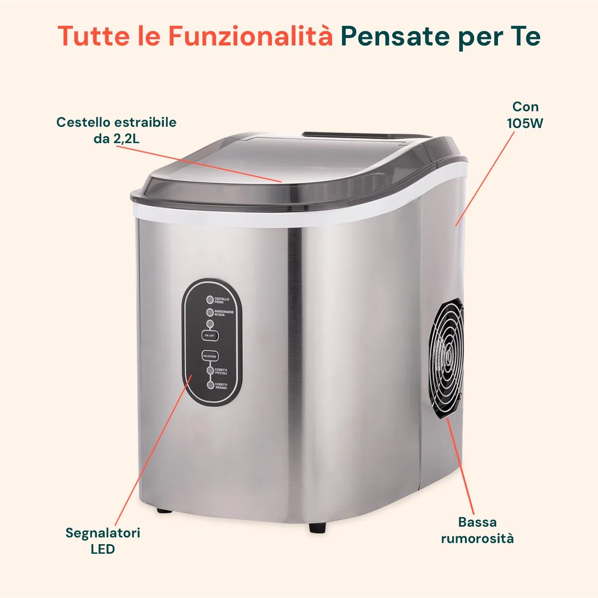 Wintem - Macchina Ghiaccio 15Kg/24h 105W in Acciaio Inox con Cubetti in 2 Misure per Bevande e Cocktail, Uso Domestico e Professionale, Rapida Produzione in 6 Minuti, Bassa Rumorosità