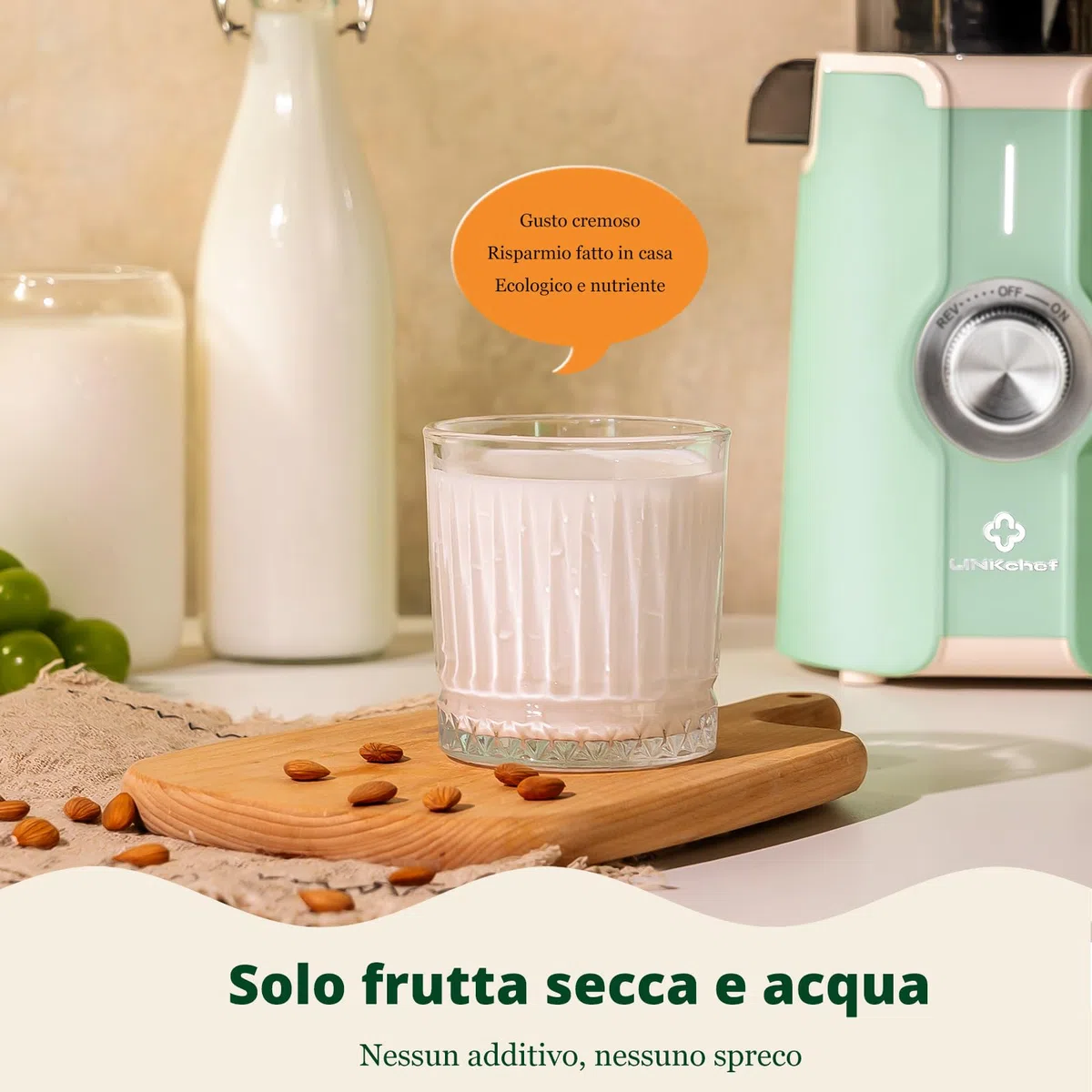 LINKChef Estrattore di succo per frutta e verdura, apertura 115 mm, 1,2 L, 200 W, slow juicer machine per frutta e verdura intere, senza BPA, facile da smontare e pulire, ricette incluse,verde chiaro