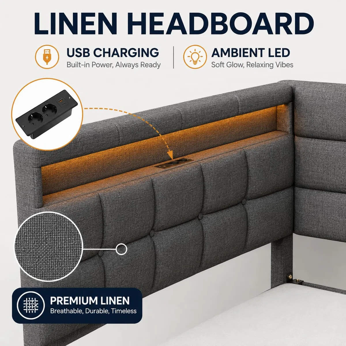 BRILVERDE Letto Contenitore 140x190 con Cassetti, Letto imbottito con luce LED/USB, Divano letto con Testiera contenitore, con Rete a Doghe, Lino(Grigio, 140 x 190 cm)