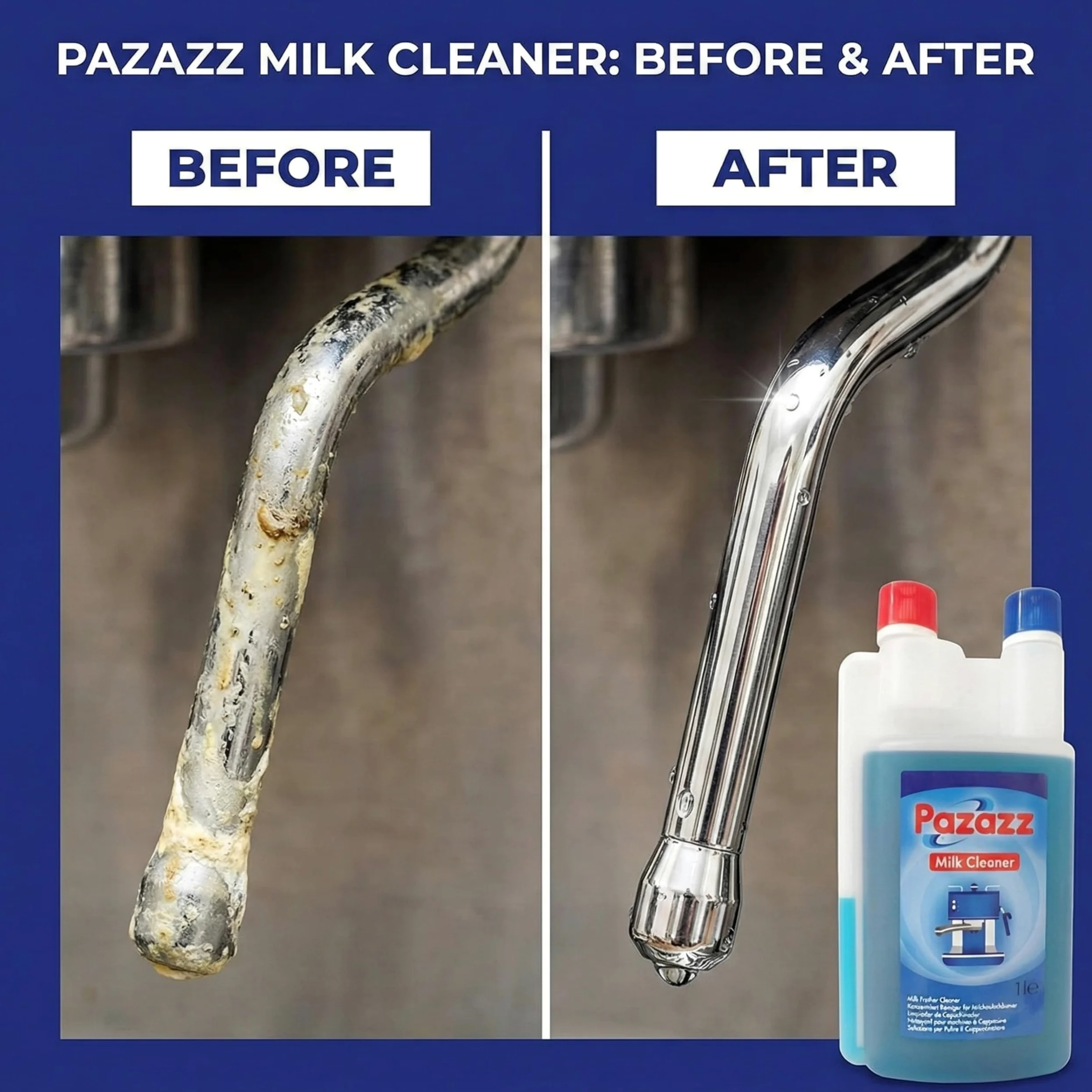 PAZAZZ Detergente per Montalatte – Liquido per Macchine da Caffè ed Espresso – Rimuove i Residui di Latte – Uso Domestico e Professionale – 1000ml – Confezione da 12