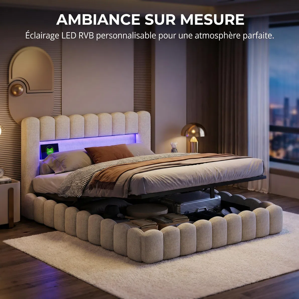 BRILVERDE Letto imbottito 180x200,Letto matrimoniale con contenitore,Testiera con illuminazione a LED e ricarica USB, con rete a doghe, Beige, lino, materasso non incluso