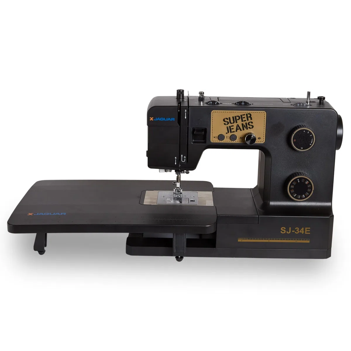 Jaguar SJ-34E Macchina per Cucire Robusta Super Jeans | 34 Punti | Elettronica | Tavolo di Estensione | Infila-Ago Automatico | Spolina a Inserimento | Motore Servo | LED | Braccio Libero | Per Tessut