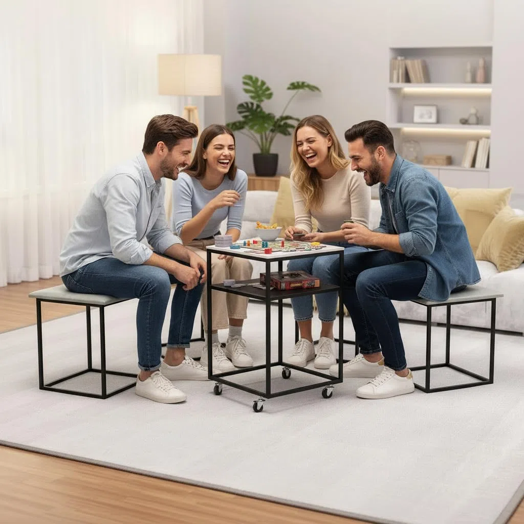 4 sgabelli con tavolino – Risparmia spazio 5 in 1 cubo grigio/bianco per soggiorno, sala da pranzo, camera degli ospiti