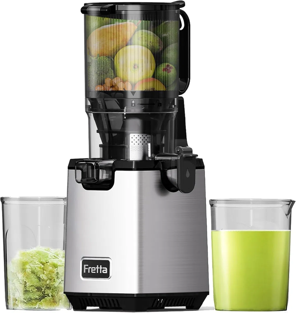 Fretta Estrattore di succo a masticazione lenta 250 W, tecnologia a pressione a freddo per succo ricco di sostanze nutritive, ampio scivolo 135 mm (Argentato)