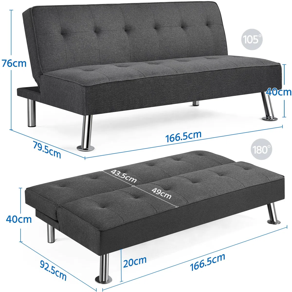 Yaheetech Divano Letto Divano Trasformabile in Letto Mobile Imbottito a 3 Posti Divanetto Reclinabile con Gambe in Metallo da Salotto Camera degli Ospiti Grigio Scuro
