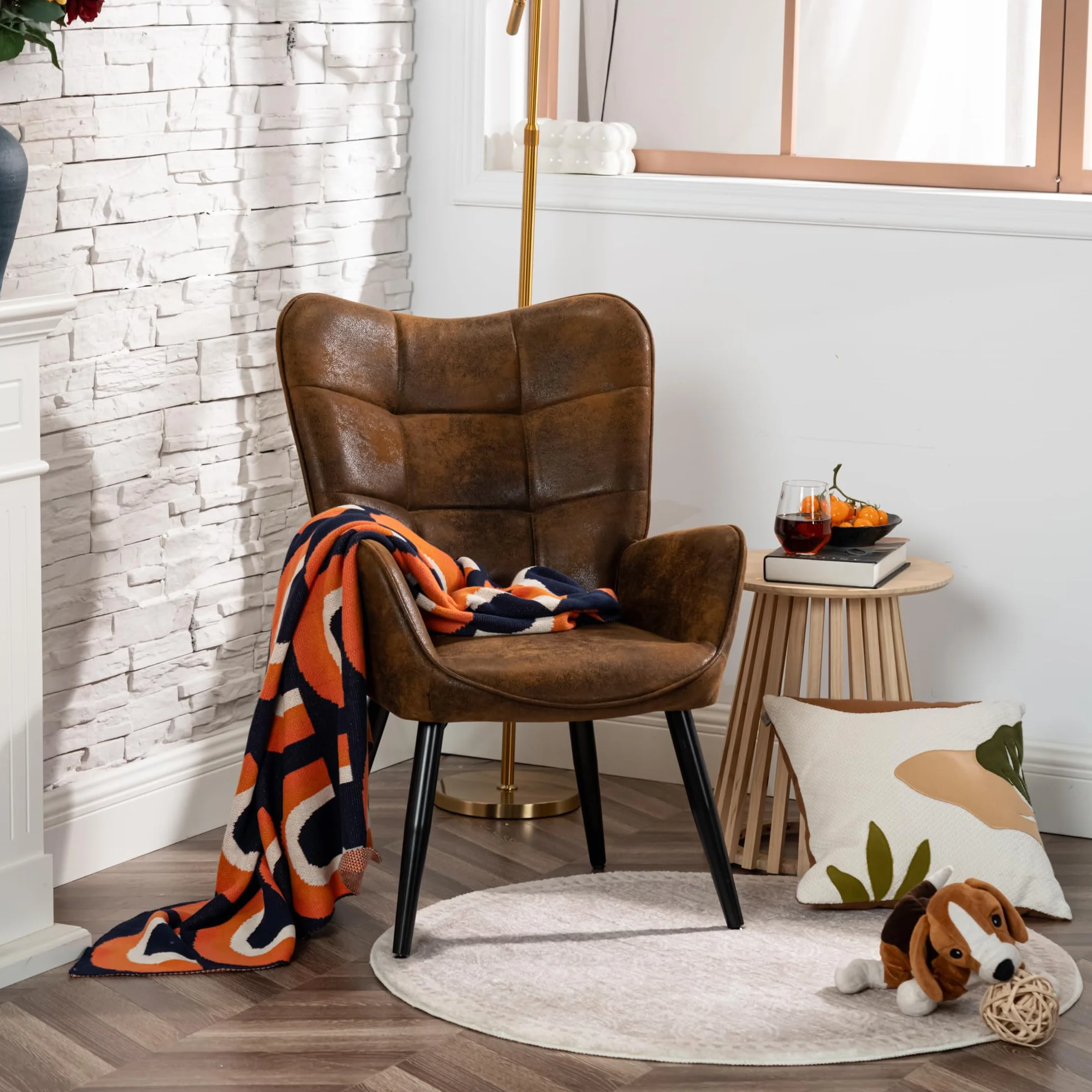 MEUBLE COSY Poltrona Imbottita Sedia da Salotto con Braccioli Poltroncina Relax con Schienale Alto e Cuscino Spesso Gambe in Metallo per Camera da Letto Soggiorno in Pelle Scamosciata Marrone