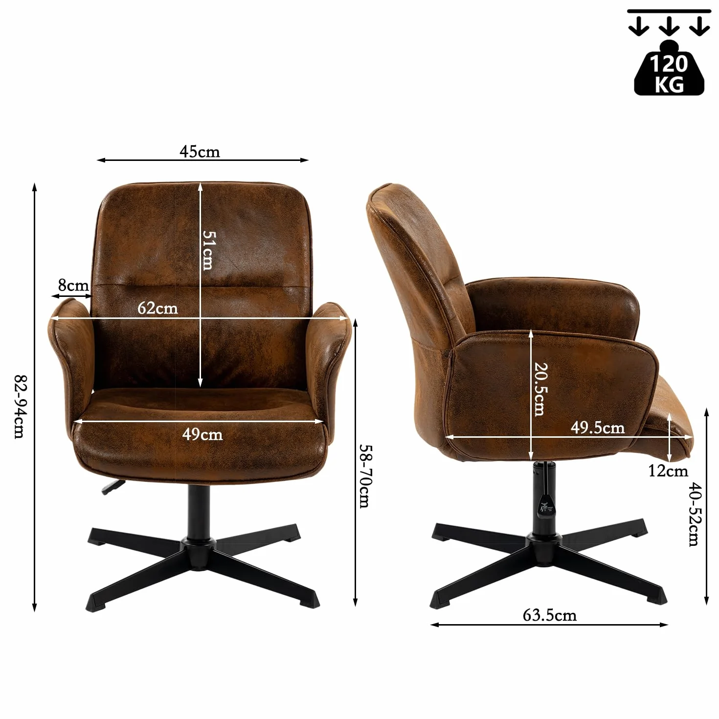 MEUBLE COSY Sedia da Ufficio Girevole Regolabile in Altezza Poltrona da Toelette Scrivania Seduta in Pelle Scamosciata per Studio Camera da Letto, Marrone