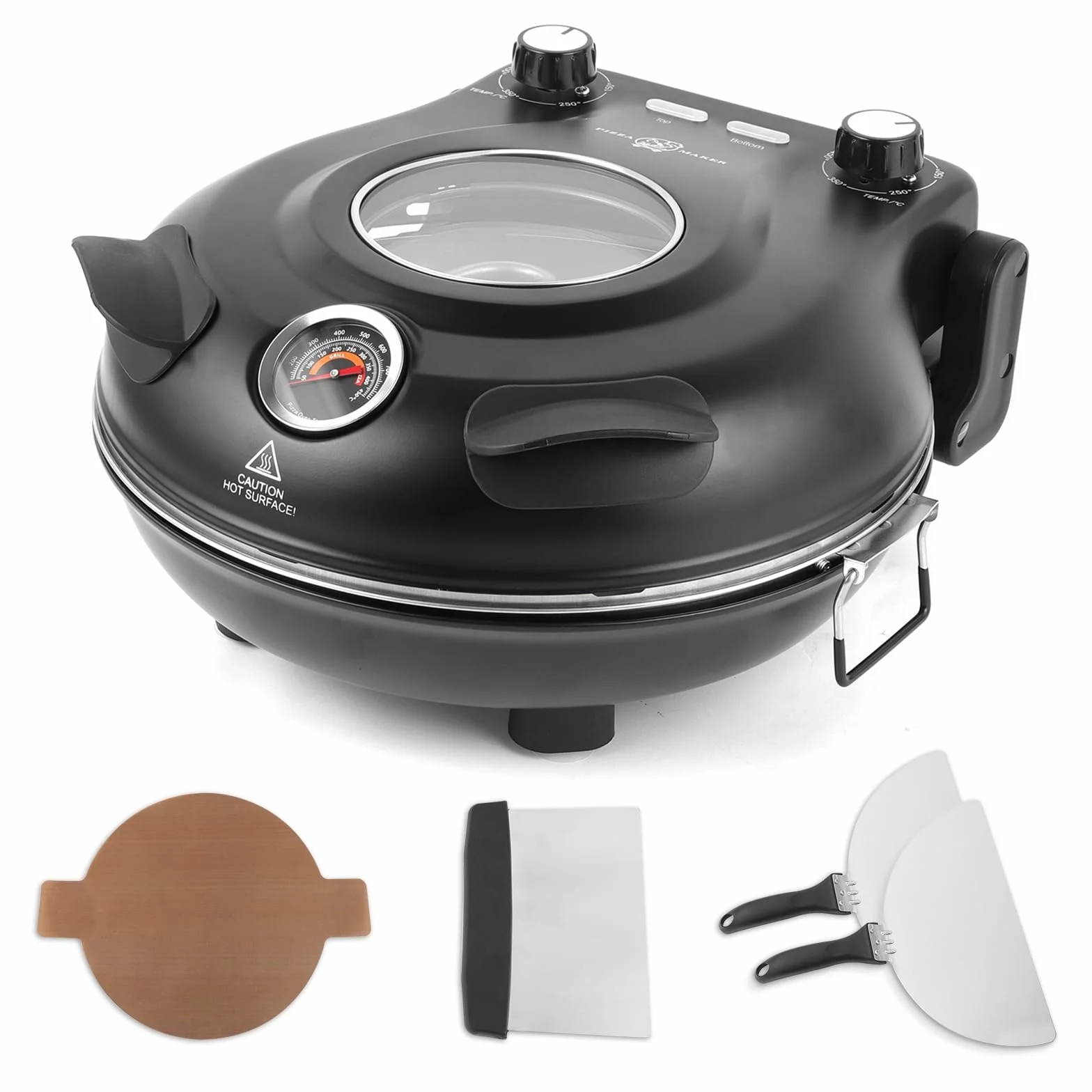 KLAIF Forno elettrico per pizza da banco con pietra in ceramica da 31 cm, due controlli di temperatura regolabili, inclusi 4 utensili per pizza, LMC-Nero