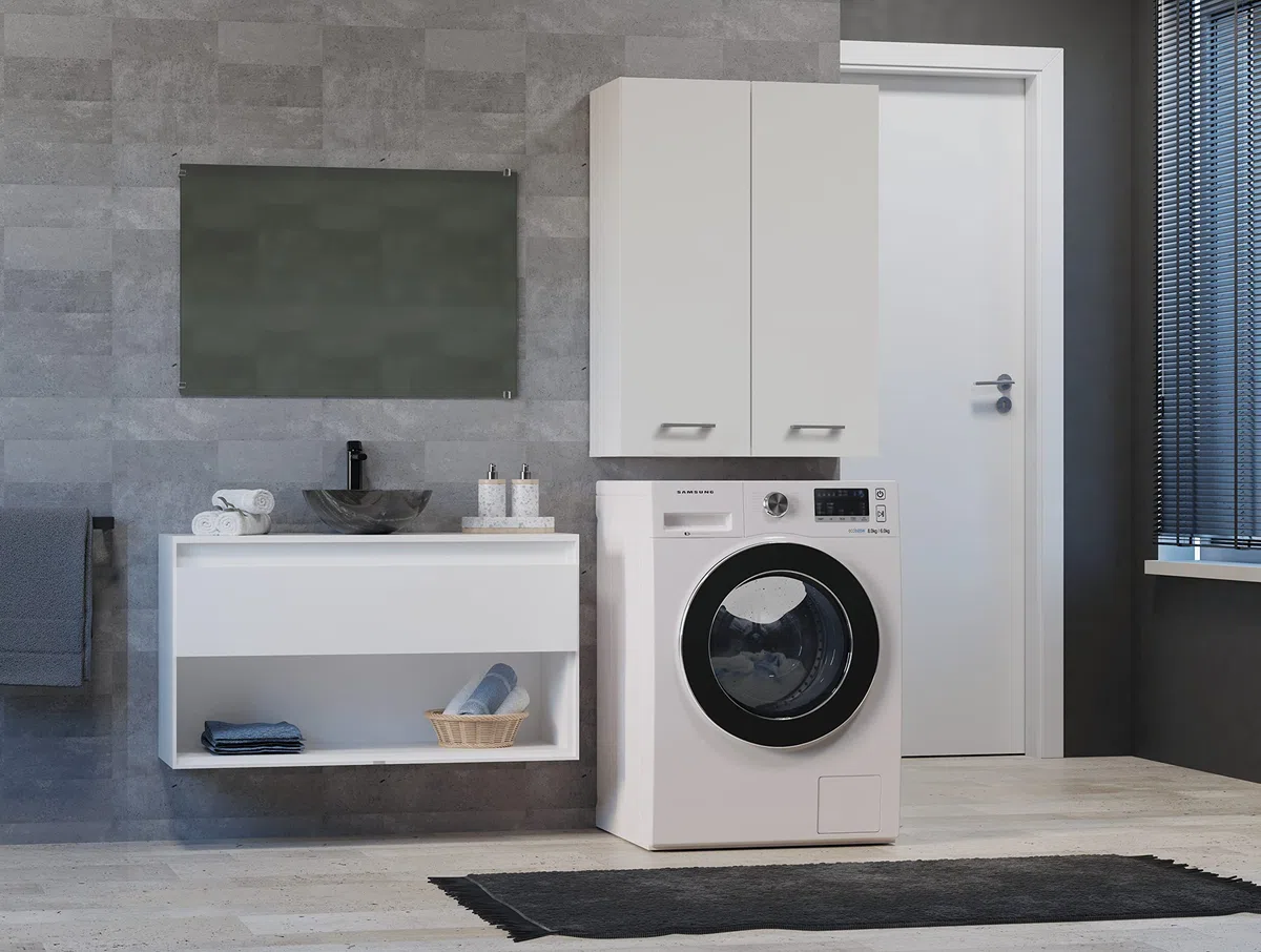 CDF Mobile Bagno Pensile Sospeso Sopra Lavatrice Scaffale a Muro con Ante Lunghe 4 Ripiani Chiusi Lavanderia 64 x 90 x 30 cm - Bianco