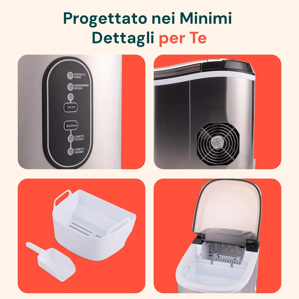 Wintem - Macchina Ghiaccio 15Kg/24h 105W in Acciaio Inox con Cubetti in 2 Misure per Bevande e Cocktail, Uso Domestico e Professionale, Rapida Produzione in 6 Minuti, Bassa Rumorosità